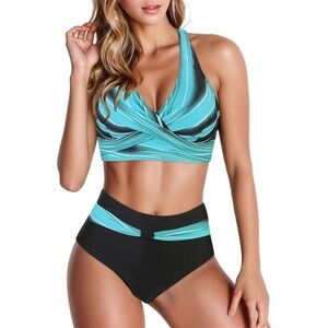 Criss Cross Halter Two Piece Blue‎ Swimsuit High Waist Bikini Set, Medium NWOT